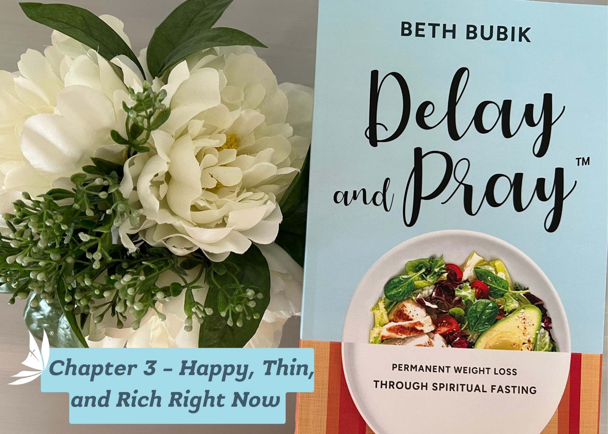 132 - Chapter 3 Happy, Thin, and Rich Right Now Woman with outstretched arms on a mountain peak facing snow covered mountaintops and clouds.