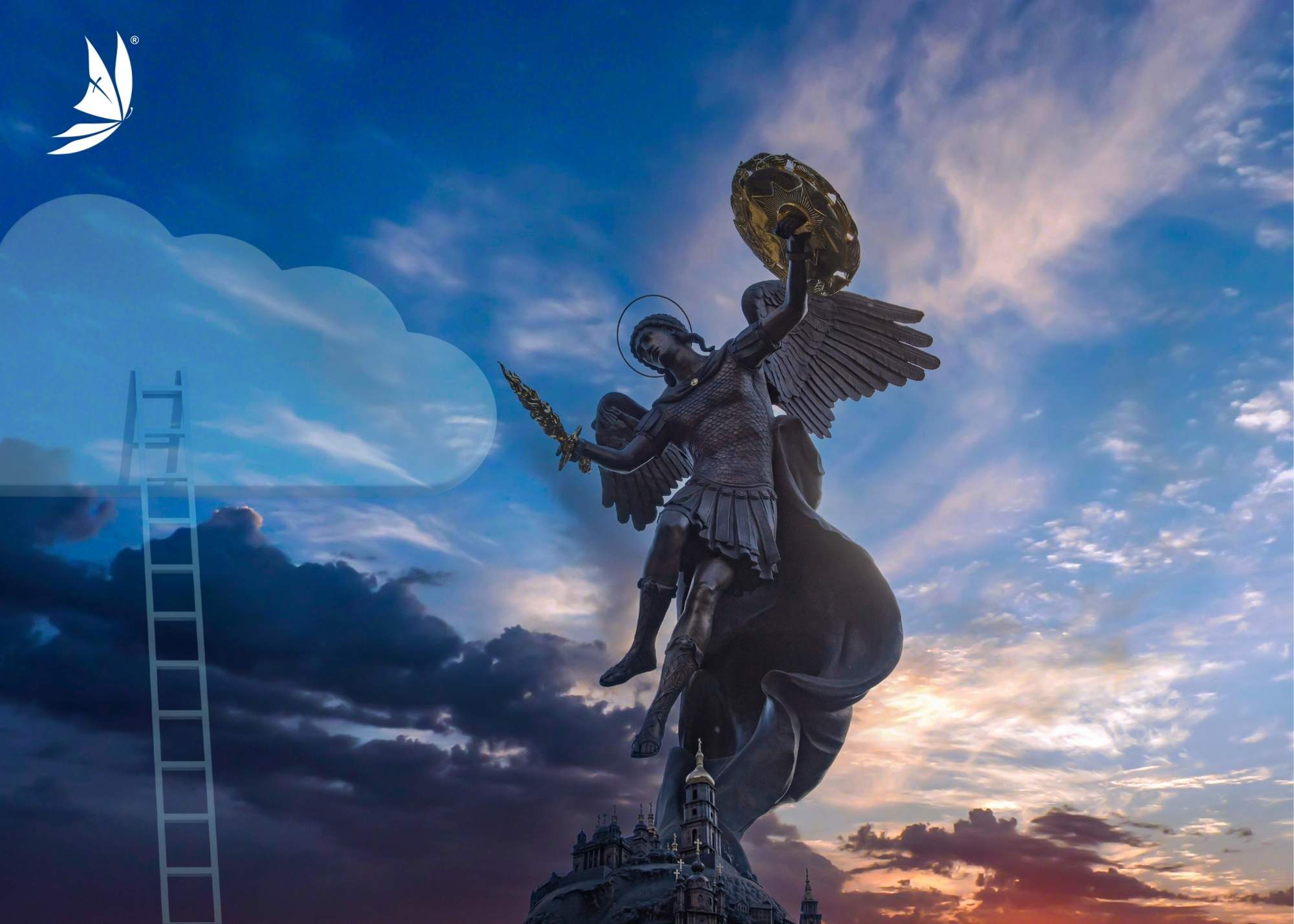 Woman with outstretched arms on a mountain peak facing snow covered mountaintops and clouds.
